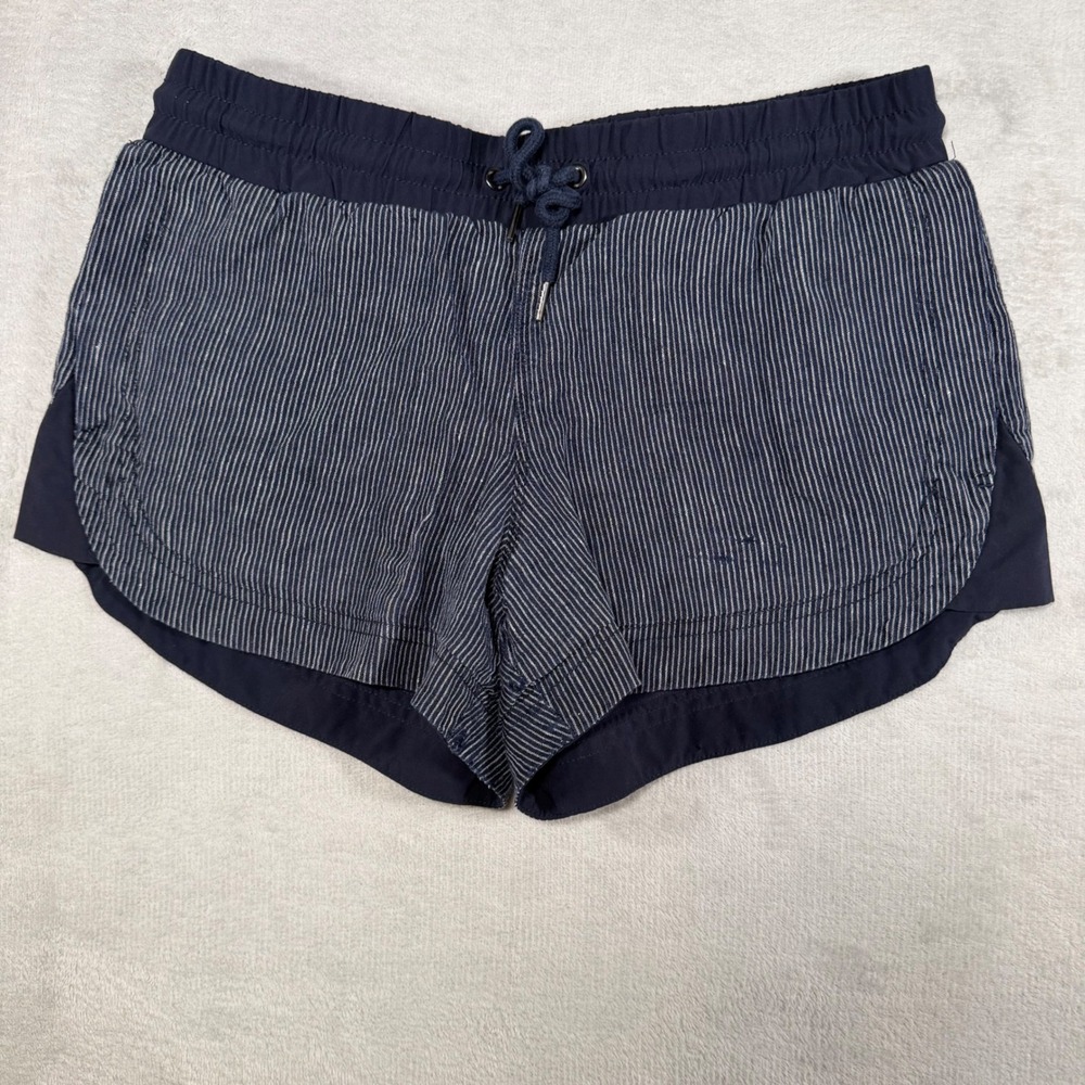 Athleta Navy White Striped Linen Shorts Size 6 Elastic Waist Drawstring Casual